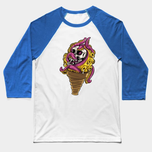 Skull Octopus Cone Baseball T-Shirt by Mako Design 